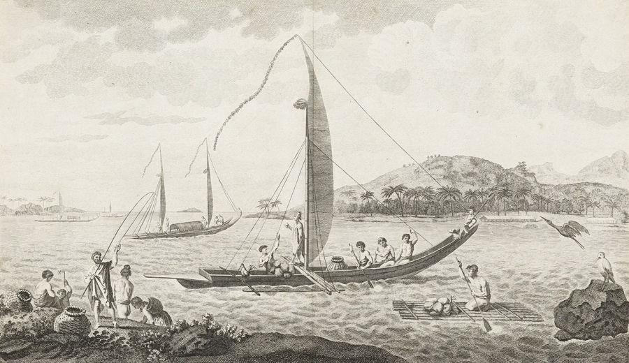 Gravure de pirogues polynésiennes par Sydney Parkinson lors d'un des voyages de James Cook, 1785